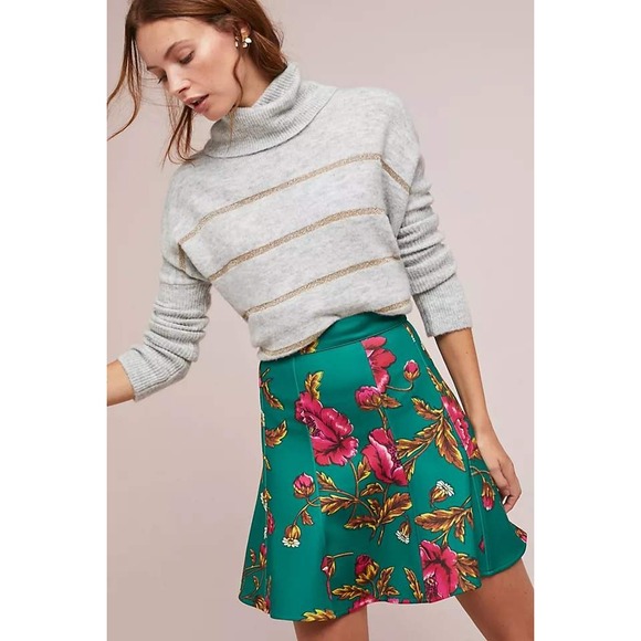 Anthropologie Dresses & Skirts - Maeve By Anthropologie Hibiscus Floral Skater Skirt In Green Women's Size US 2